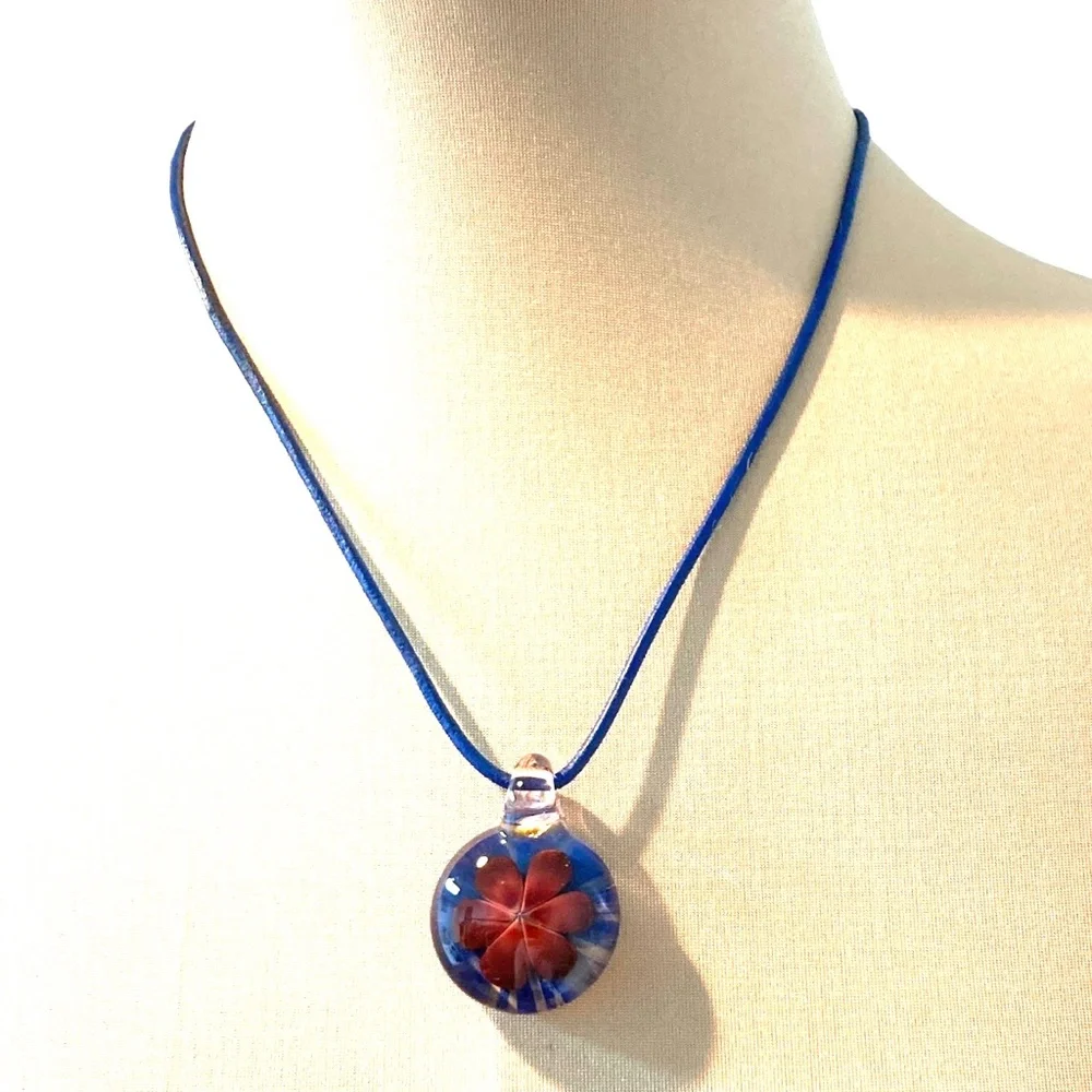 necklace glass flower blue red round pendant handmade